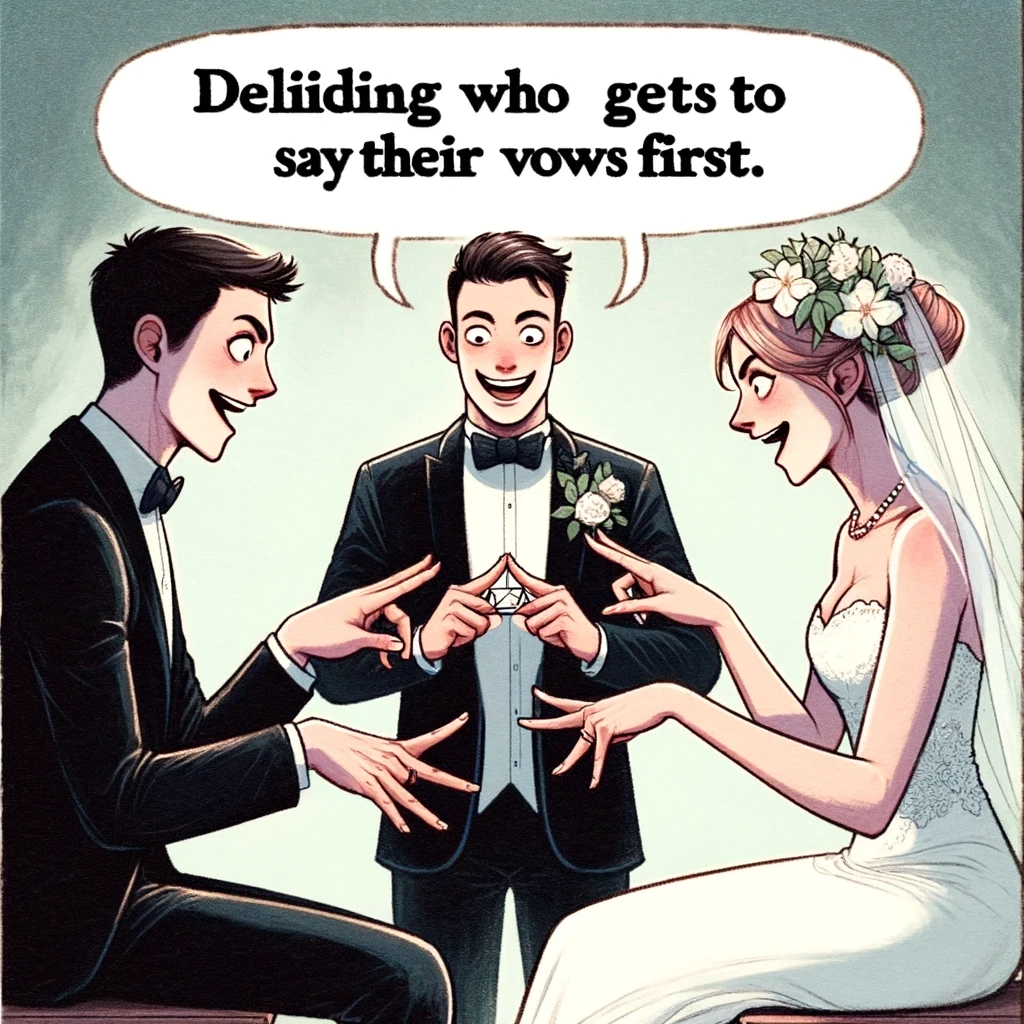 A wedding meme showing a bride and groom playing rock, paper, scissors, with the caption "Deciding who gets to say their vows first."