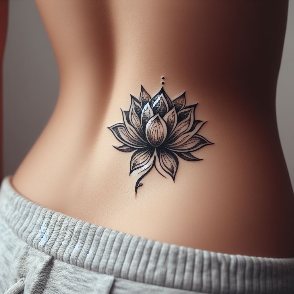 A small, intricately designed lotus flower tattoo, situated at the lower back near the spine. The lotus should have detailed petals, symbolizing purity, enlightenment, and rebirth. Its placement on the lower back adds a touch of elegance and personal significance, easily concealed or revealed.
