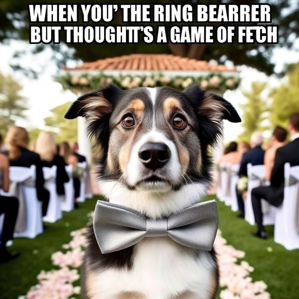 A wedding meme with a dog wearing a bow tie looking confused at the camera, captioned "When you're the ring bearer but thought it was a game of fetch."
