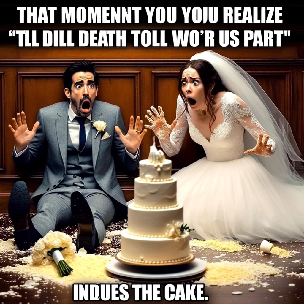 A wedding meme featuring a couple looking shocked at a wedding cake on the floor, with the caption "That moment you realize 'till death do us part' includes the cake."