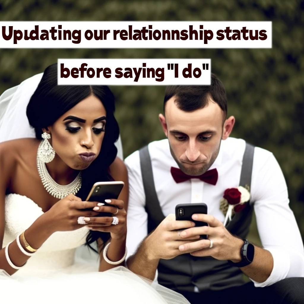 A wedding meme with a bride and groom looking at their phones, captioned "Updating our relationship status before saying 'I do'."