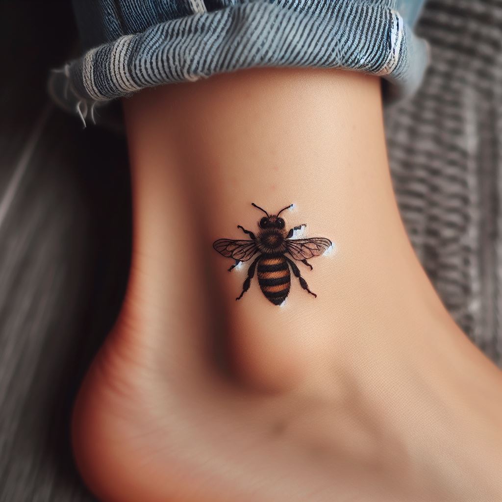 A tiny, realistic bee tattoo positioned just behind the ankle bone. Despite its small size, the bee should be detailed, with visible stripes and wings, symbolizing hard work and community. Its placement makes it a charming surprise, symbolizing diligence and sweetness in life.
