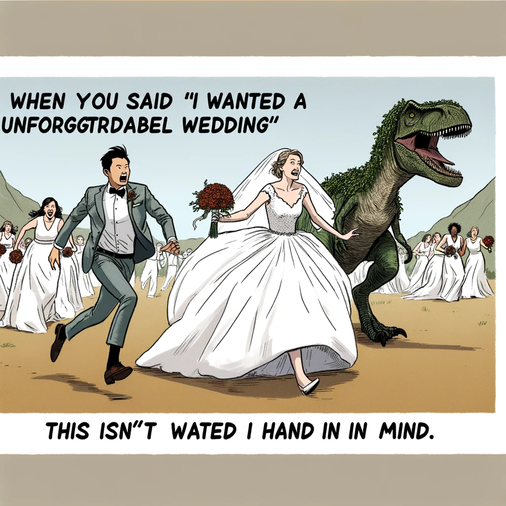 A wedding meme showing a couple running from a dinosaur in wedding attire, with the caption "When you said 'I wanted an unforgettable wedding', this isn't what I had in mind."
