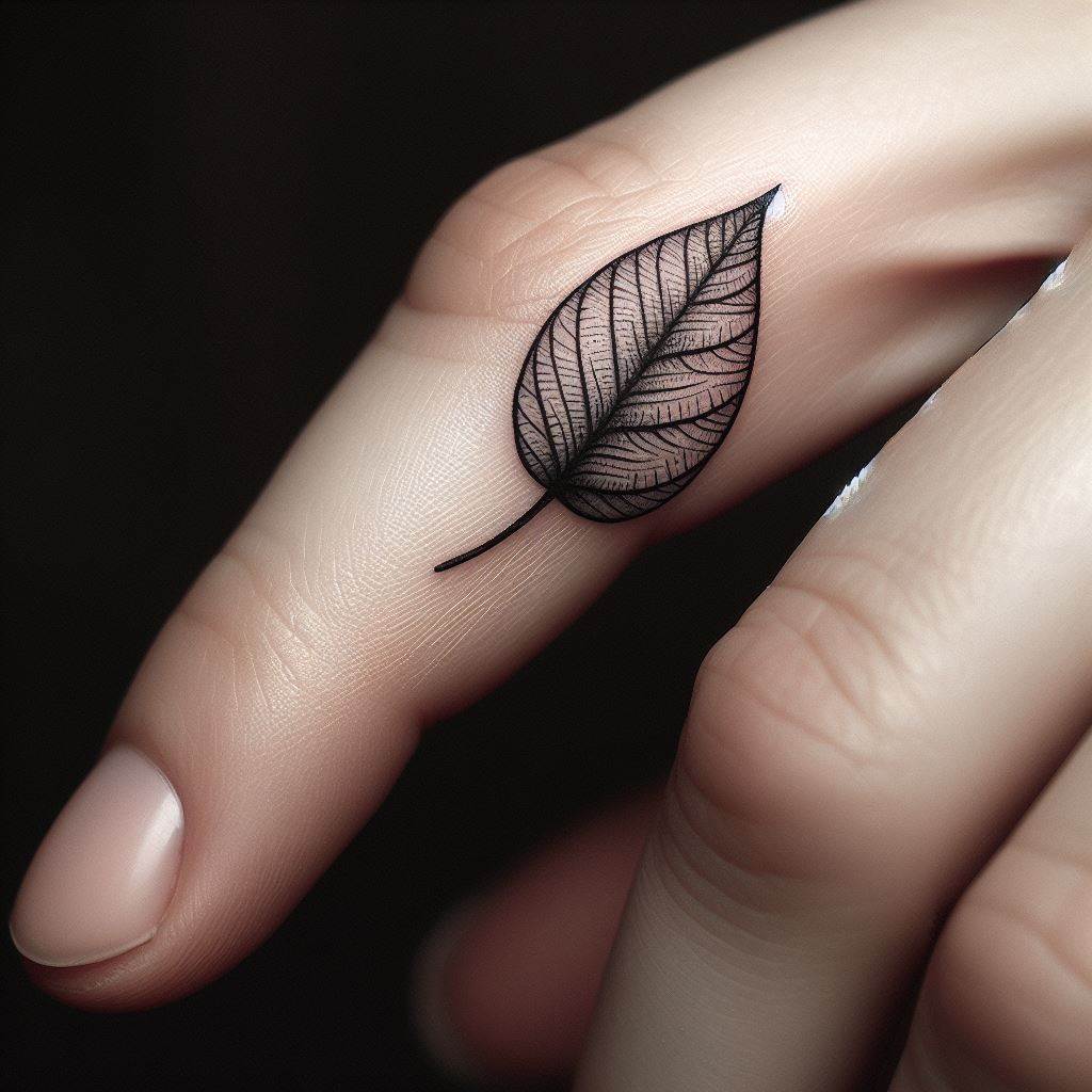 A small, single leaf tattoo located on the side of the forefinger. The leaf should be detailed with veins, symbolizing growth and renewal. This tattoo blends seamlessly with natural movements, offering a constant reminder of nature’s resilience and beauty.
