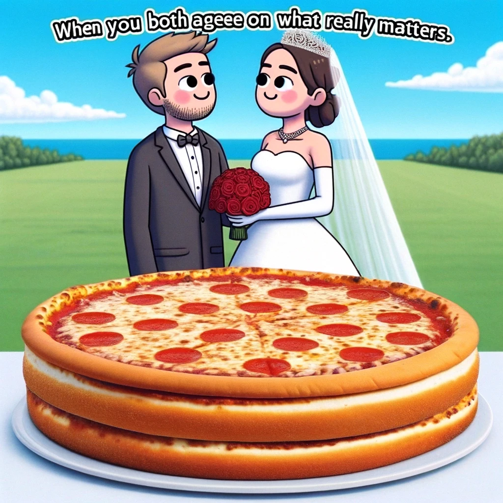 A wedding meme featuring a pizza in place of a wedding cake, with the caption "When you both agree on what really matters."
