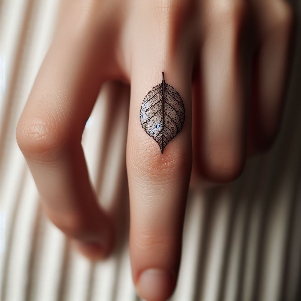 A small, single leaf tattoo located on the side of the forefinger. The leaf should be detailed with veins, symbolizing growth and renewal. This tattoo blends seamlessly with natural movements, offering a constant reminder of nature’s resilience and beauty.
