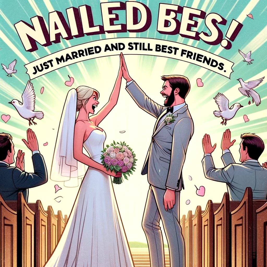 A wedding meme with a couple high-fiving at the altar, captioned "Nailed it! Just married and still best friends."