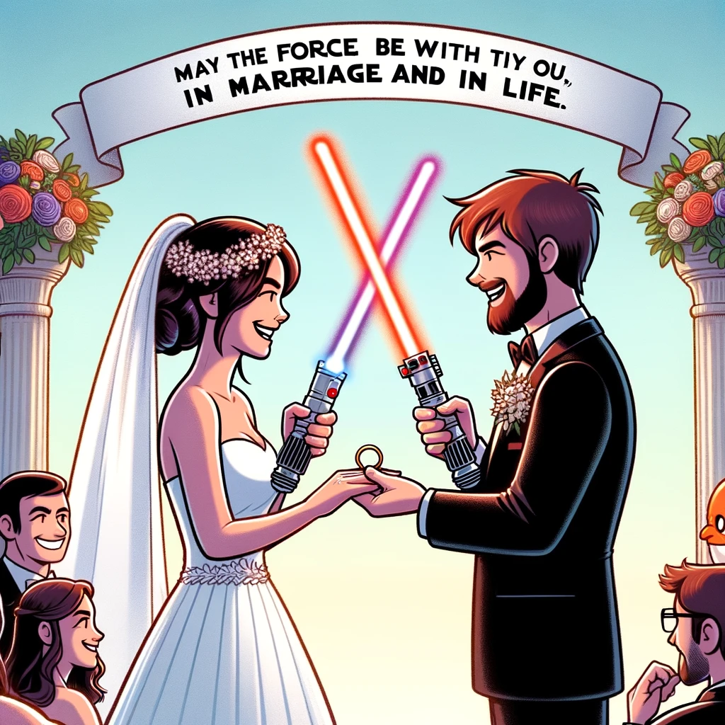 A wedding meme with a couple exchanging lightsabers instead of rings, captioned "May the Force be with us, in marriage and in life."