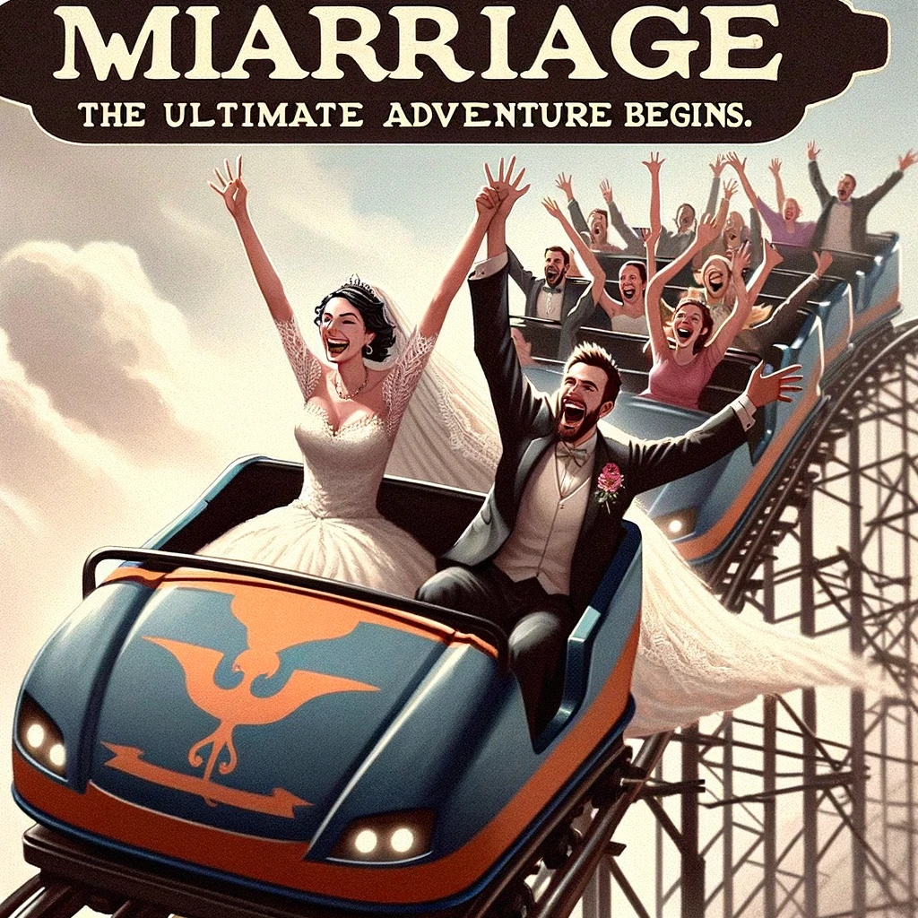 A wedding meme with a couple on a roller coaster, hands in the air, captioned "Marriage: the ultimate adventure begins."