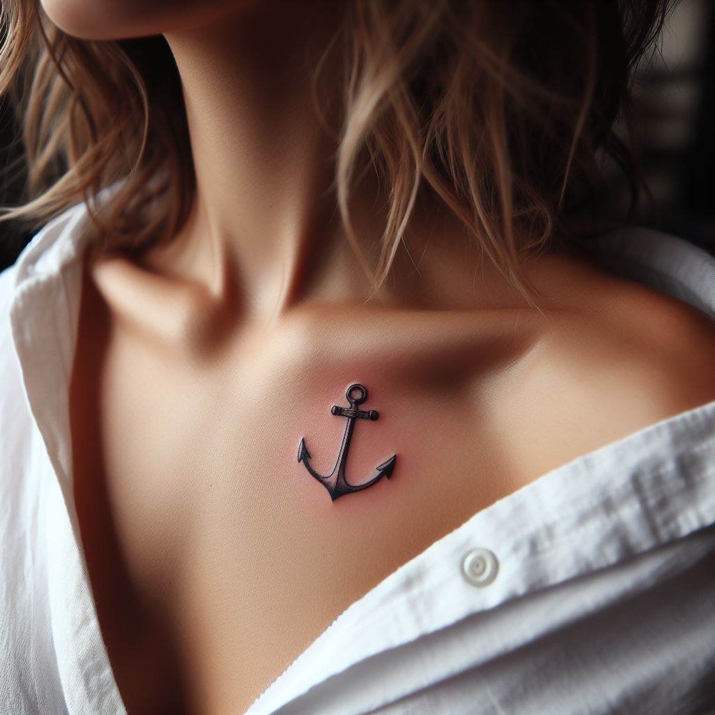 A tiny anchor tattoo, gracefully placed just above the collarbone. The anchor should have a classic design, symbolizing stability and grounding. Its placement near the heart makes it a personal symbol of what keeps the wearer steadfast.