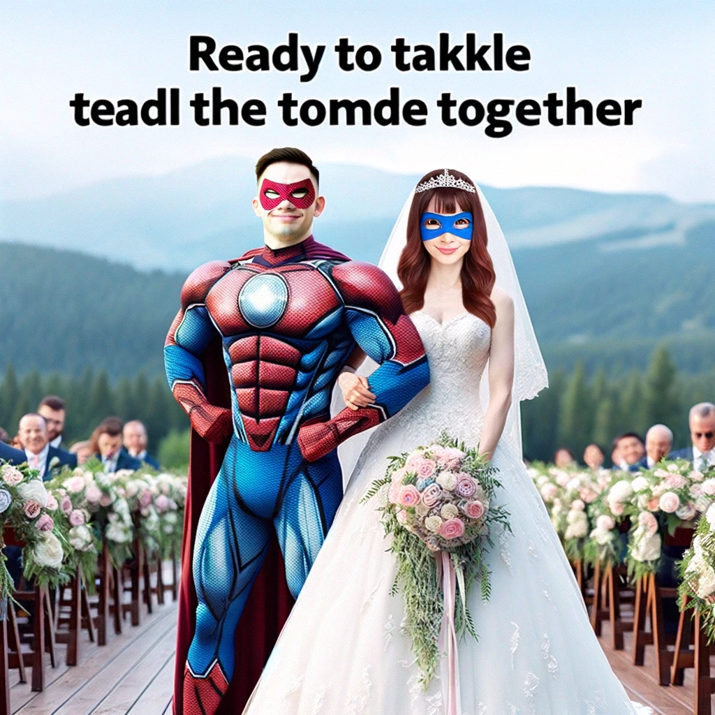 A wedding meme featuring a bride and groom in superhero costumes, with the caption "Ready to tackle the world together."