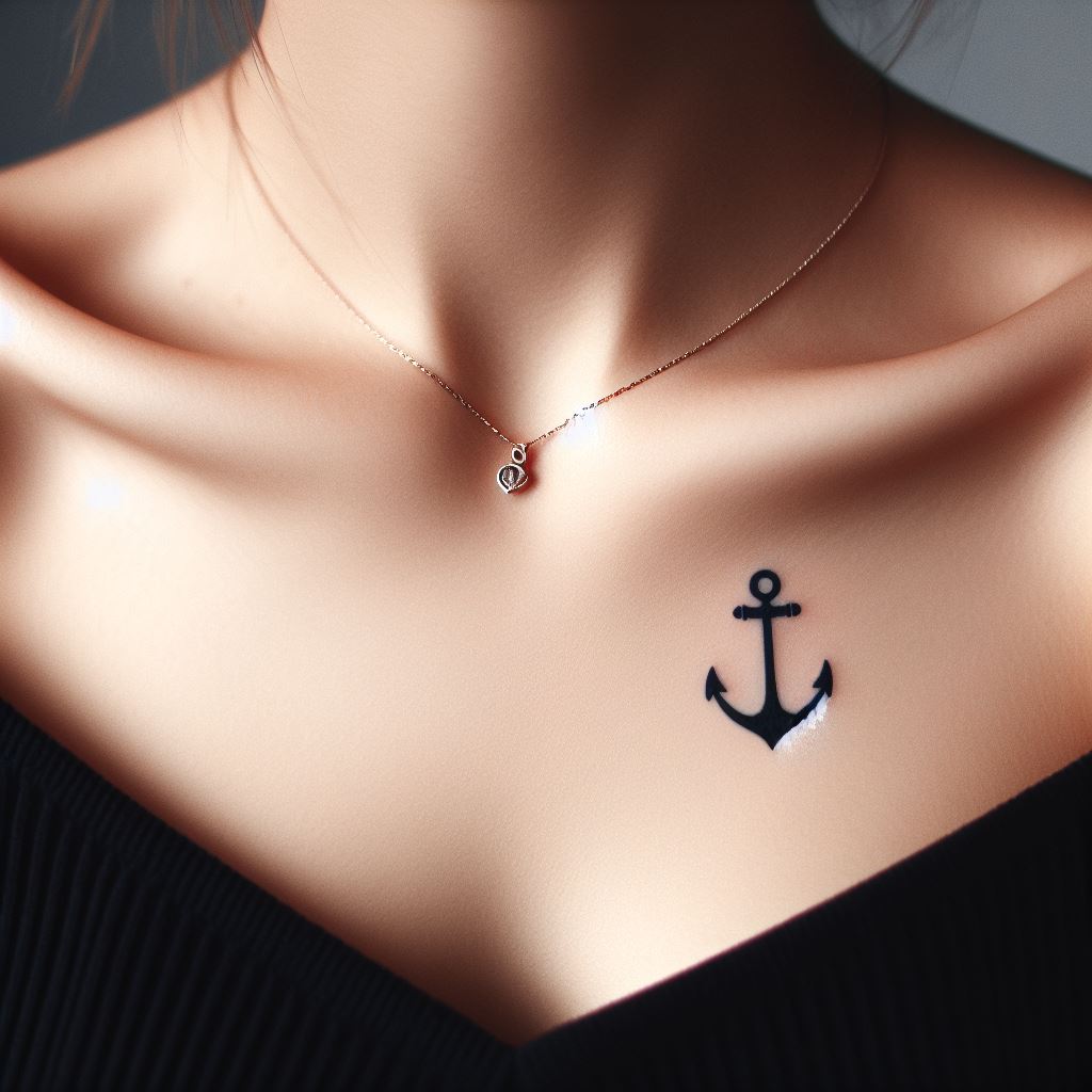 A tiny anchor tattoo, gracefully placed just above the collarbone. The anchor should have a classic design, symbolizing stability and grounding. Its placement near the heart makes it a personal symbol of what keeps the wearer steadfast.