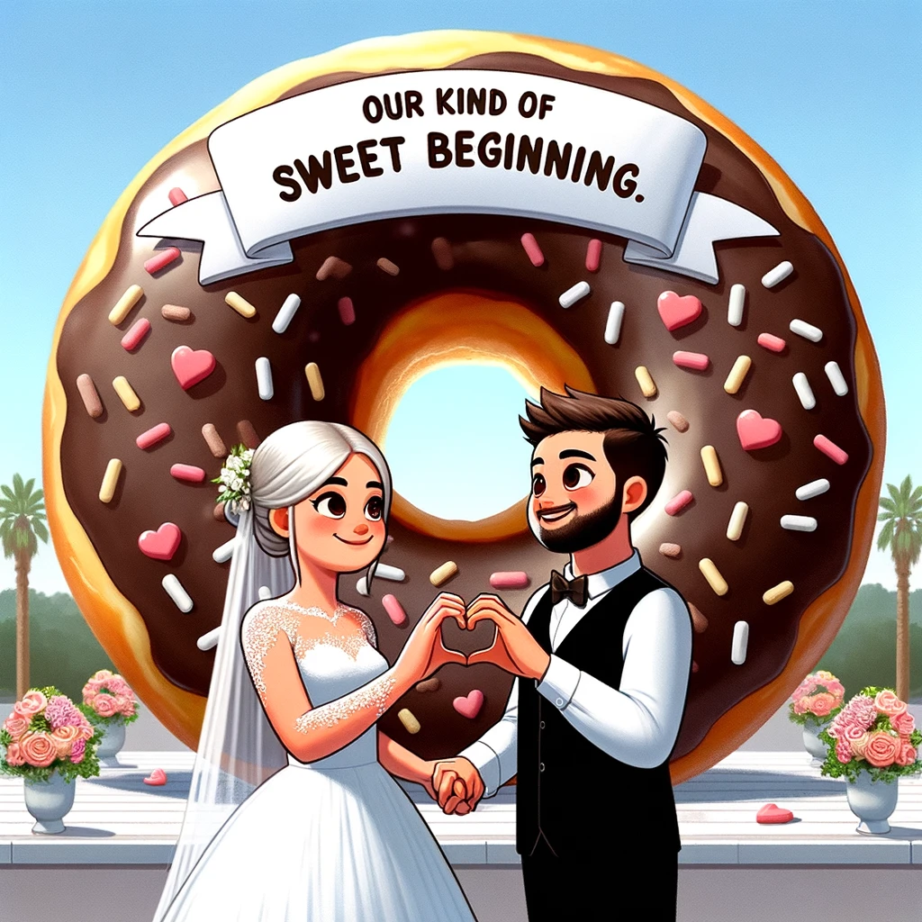 A wedding meme featuring a couple making a heart shape with their hands, standing in front of a giant doughnut instead of a wedding cake, with the caption "Our kind of sweet beginning."