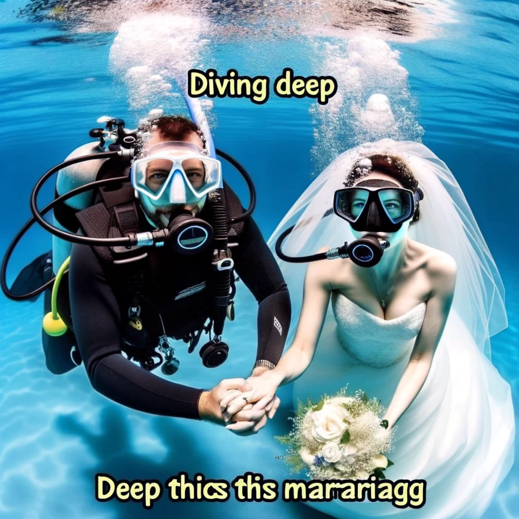 A wedding meme featuring a couple in scuba diving gear underwater, holding hands, with the caption "Diving deep into this marriage."