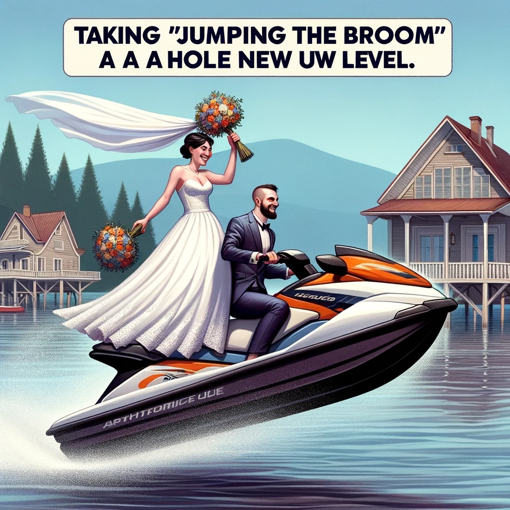 A wedding meme featuring a couple on jet skis in wedding attire, with the caption "Taking 'jumping the broom' to a whole new level."