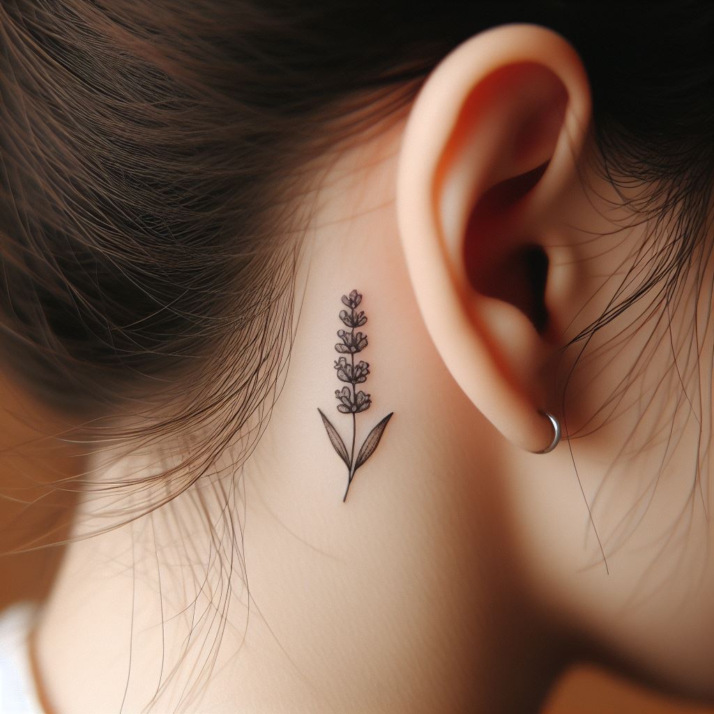 A small, delicate sprig of lavender tattooed just behind the ear. The lavender should be finely detailed, with small flowers and leaves, symbolizing calmness and tranquility. Its discreet placement makes it a personal haven, offering a sense of peace and serenity.