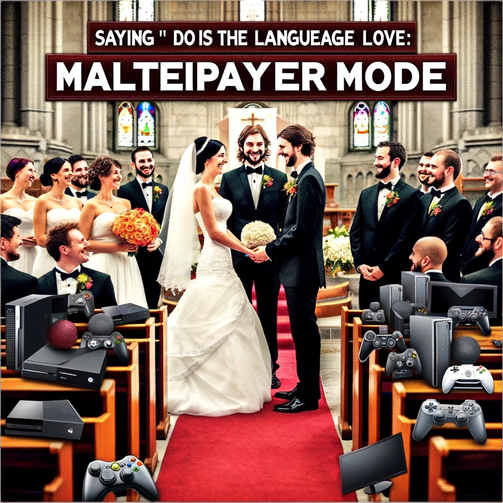 A wedding meme with a couple surrounded by gaming consoles and PCs at the altar, captioned "Saying 'I do' in the language of love: multiplayer mode."