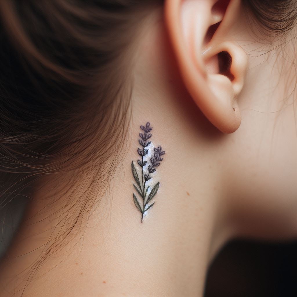 A small, delicate sprig of lavender tattooed just behind the ear. The lavender should be finely detailed, with small flowers and leaves, symbolizing calmness and tranquility. Its discreet placement makes it a personal haven, offering a sense of peace and serenity.