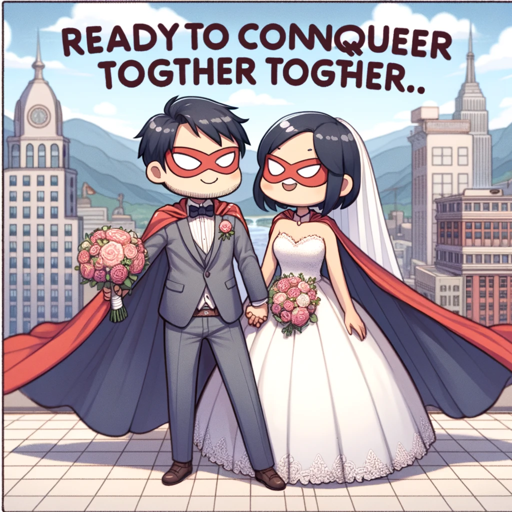 A wedding meme showing a couple with superhero capes, captioned "Ready to conquer the world together."
