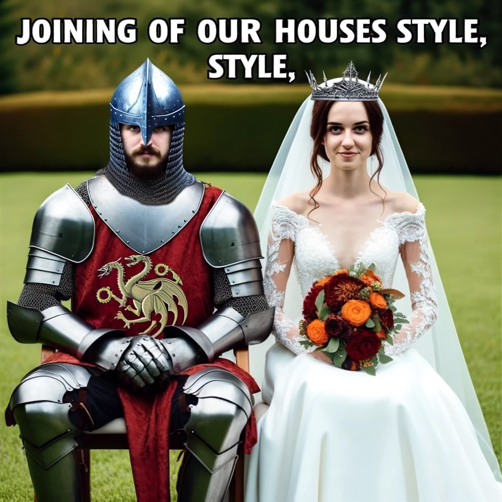 A wedding meme with a couple dressed as medieval knights, captioned "Joining our houses, Game of Thrones style."