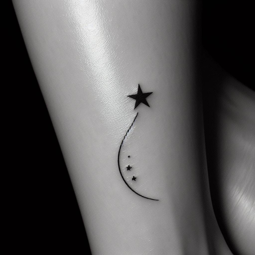 A tiny, dynamic shooting star tattoo, located on the calf muscle. The star should have a long, trailing tail, symbolizing aspiration and the pursuit of one’s dreams. The movement of the calf muscle adds a sense of motion to the star, enhancing its symbolic meaning.
