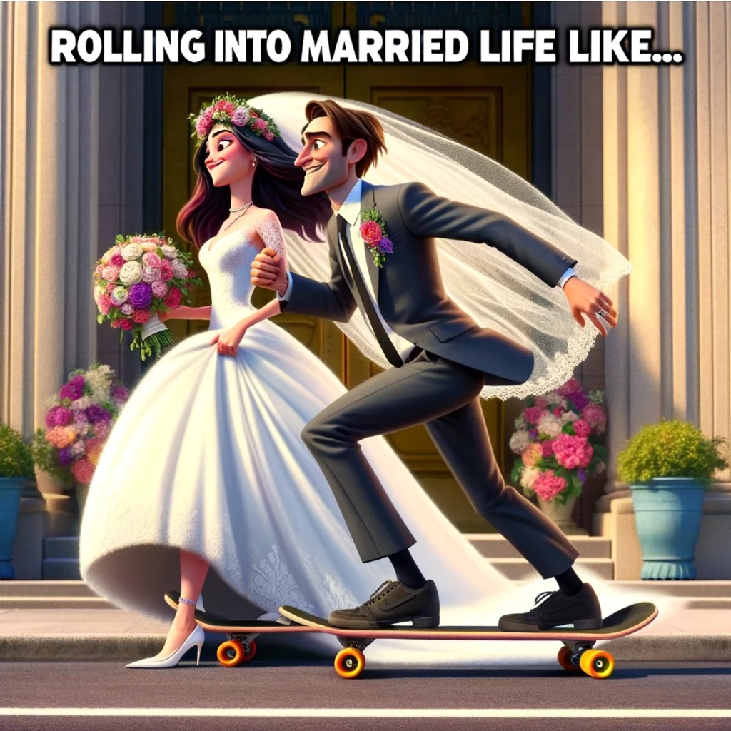 A wedding meme featuring a bride and groom on skateboards, captioned "Rolling into married life like..."