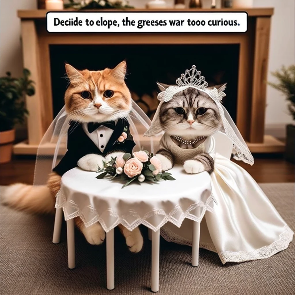 A wedding meme featuring two cats dressed as a bride and groom, sitting at a tiny wedding table, with the caption "Decided to elope; the guests were too curious."