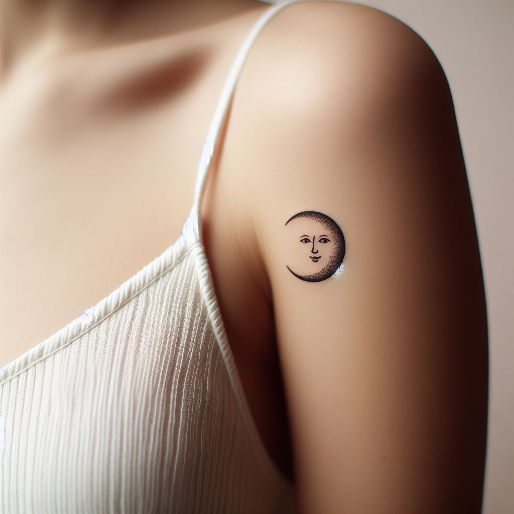 A small, crescent moon tattoo on the upper arm. The moon should be designed with a face, adding a mystical or whimsical element, symbolizing mystery and the unseen. Its placement on the upper arm allows for easy concealment or display, depending on the wearer's mood.