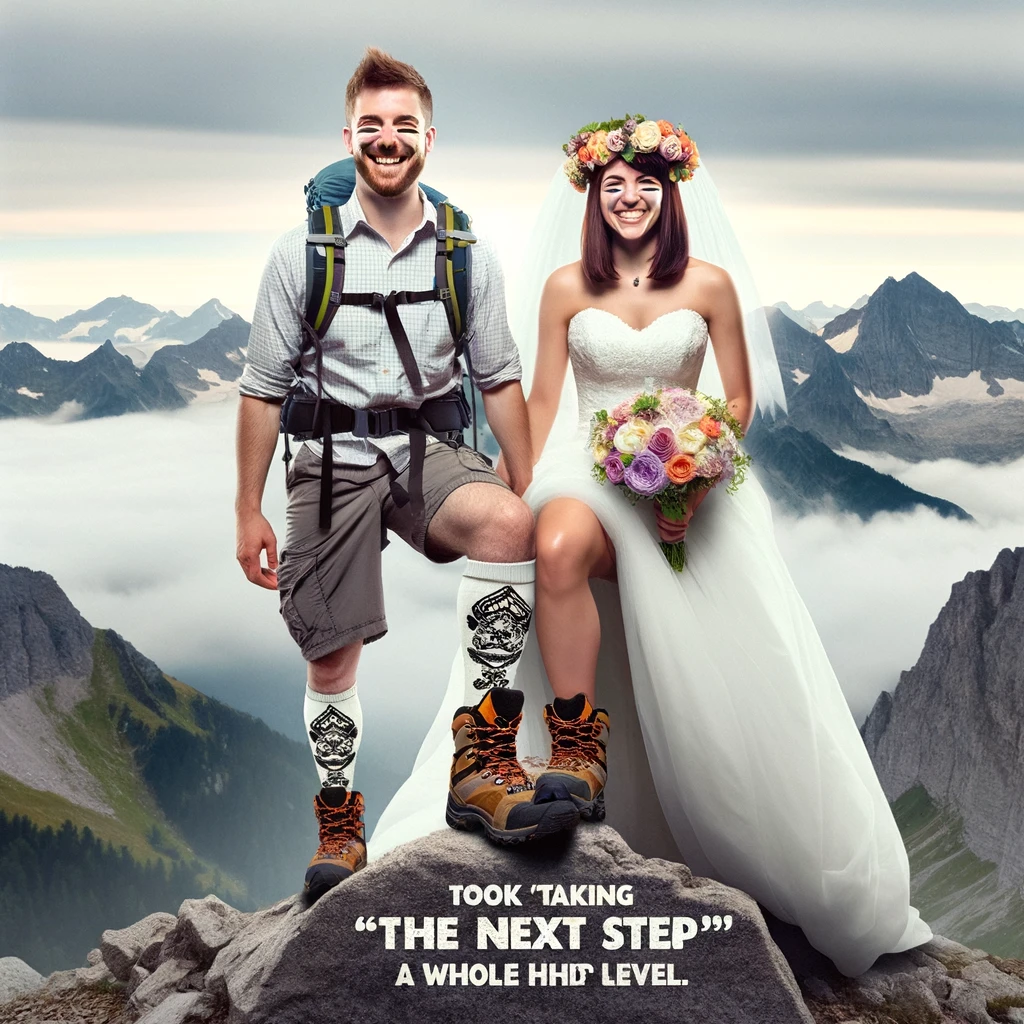 A wedding meme with a couple wearing hiking gear on top of a mountain, captioned "Took 'taking the next step' to a whole new level."