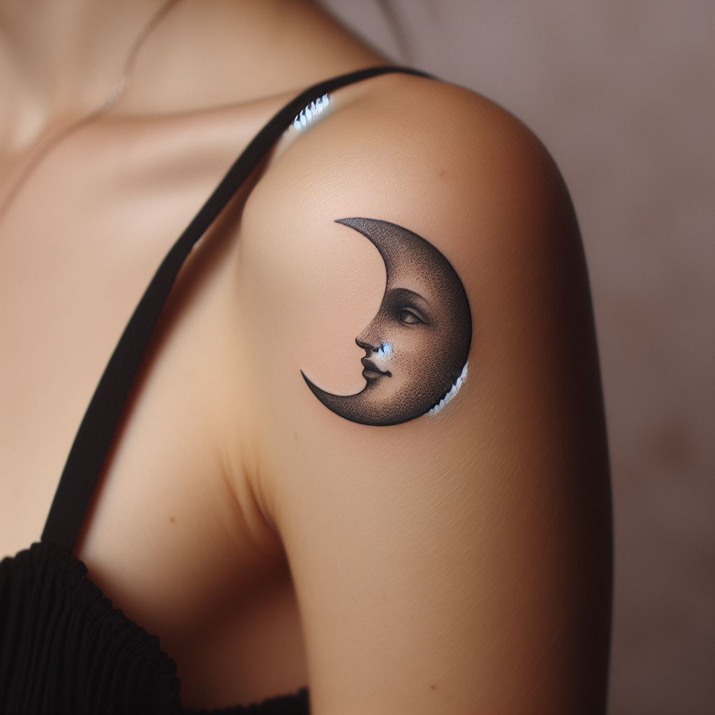 A small, crescent moon tattoo on the upper arm. The moon should be designed with a face, adding a mystical or whimsical element, symbolizing mystery and the unseen. Its placement on the upper arm allows for easy concealment or display, depending on the wearer's mood.