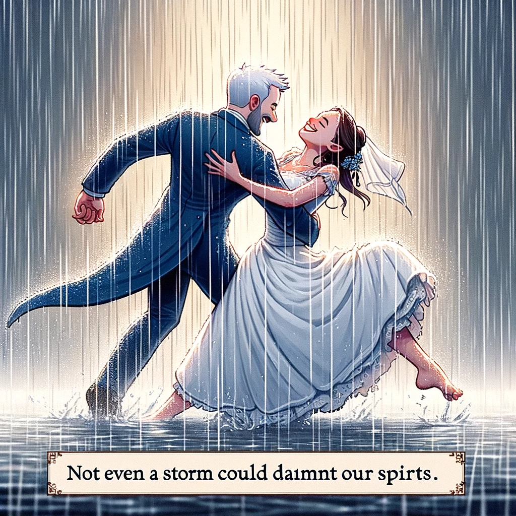 A wedding meme with a couple dancing in the rain, soaked but happy, captioned "Not even a storm could dampen our spirits."