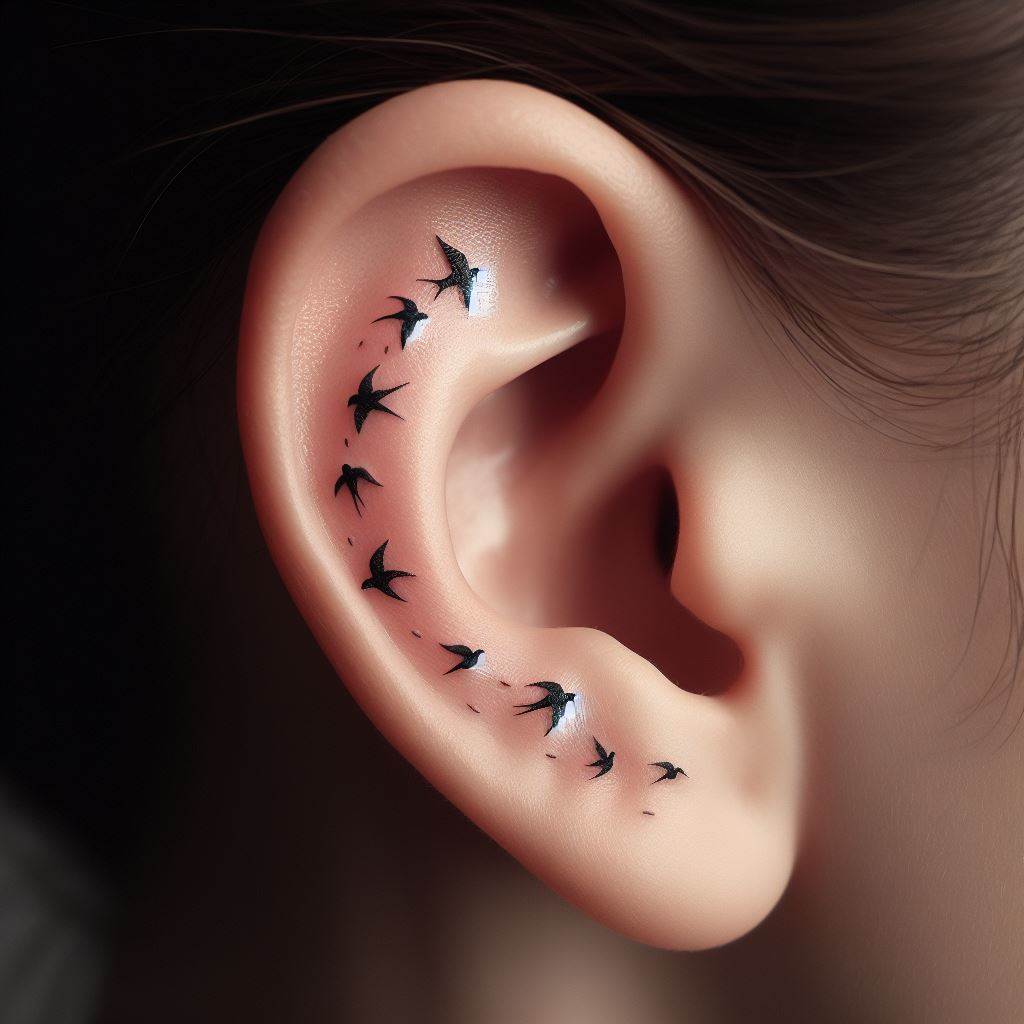 A series of tiny, silhouetted birds in mid-flight, subtly inked along the curve of the ear's helix. Each bird smaller than a grain of rice, symbolizing freedom, perspective, and the beauty of collective journey. Their placement makes the tattoo appear almost as if the birds are flying around the ear, offering a blend of art and nature.