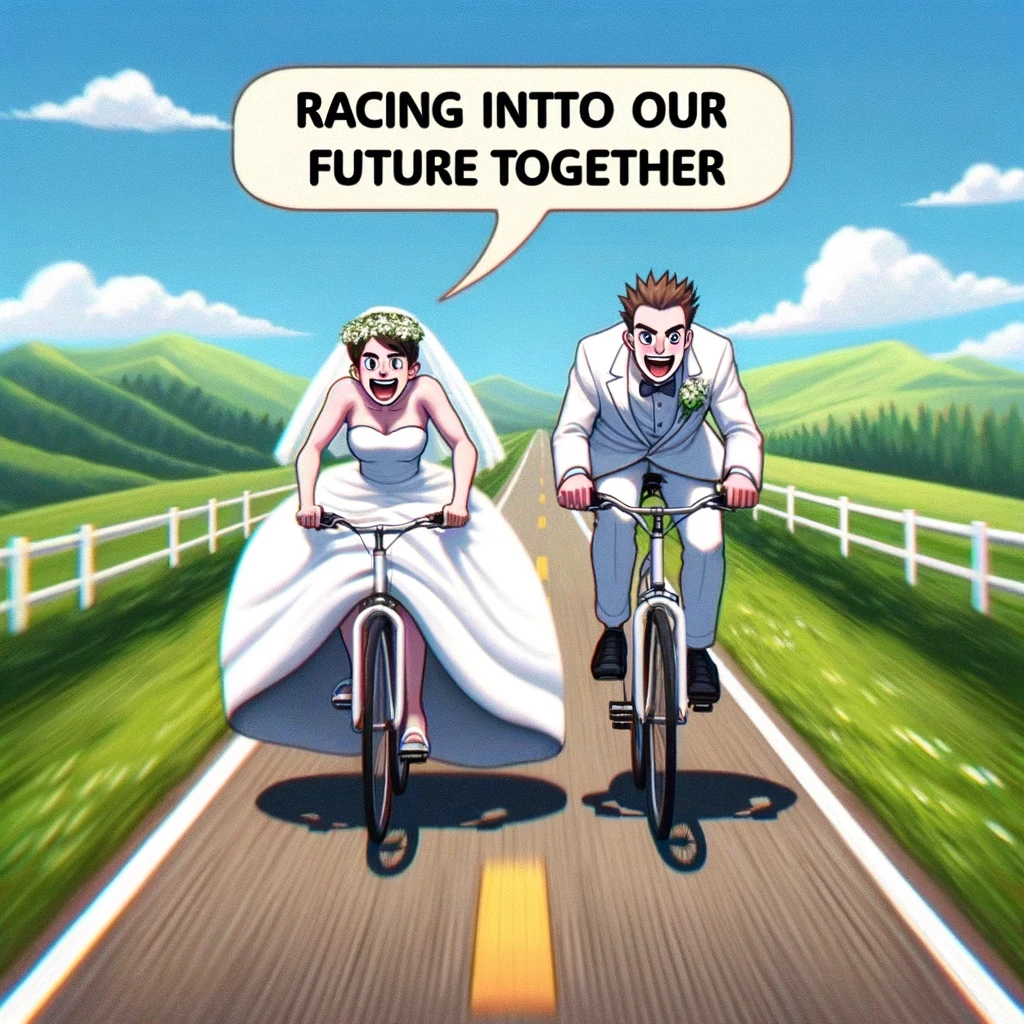 A wedding meme featuring a couple on bicycles in wedding attire, racing down a hill, captioned "Racing into our future together."