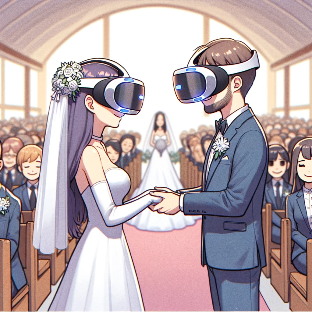 A wedding meme featuring a couple with VR headsets at the altar, captioned "Virtual vows for a modern love."