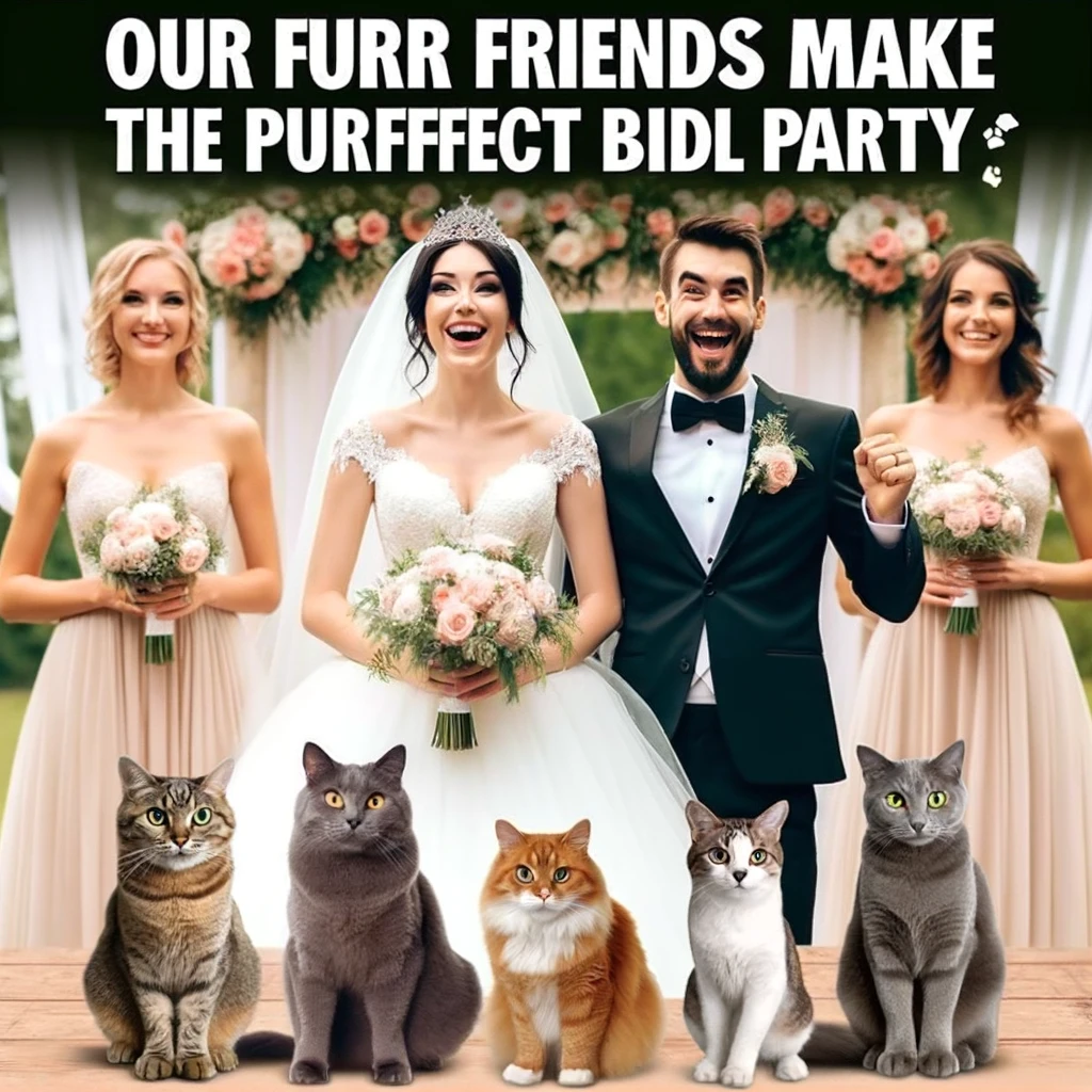 A wedding meme showing a couple with their pets as the bridal party, captioned "Our furry friends make the purrfect bridal party."