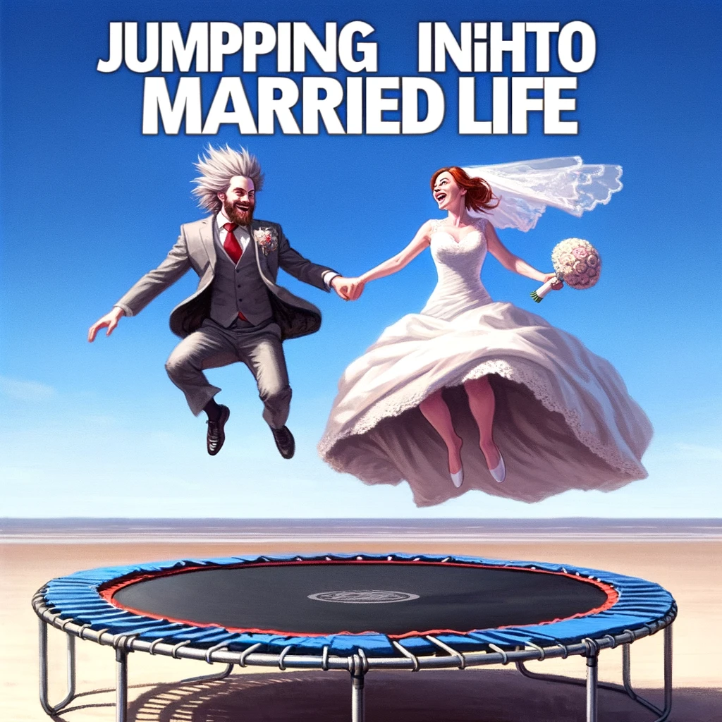 A wedding meme with a couple jumping on a trampoline in wedding attire, captioned "Jumping right into married life."