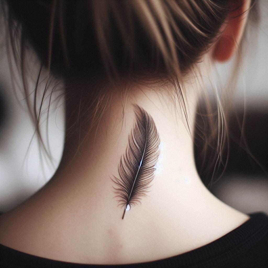 A single, exquisitely detailed feather placed delicately at the nape of the neck. This tiny tattoo, visible only when the hair is up, should convey a sense of lightness and freedom, its fine lines and shading mimicking the softness and intricate patterns of a real feather.