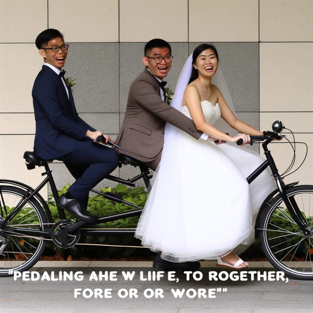 A wedding meme featuring a couple on a tandem bicycle, with the caption "Pedaling through life together, for better or worse."