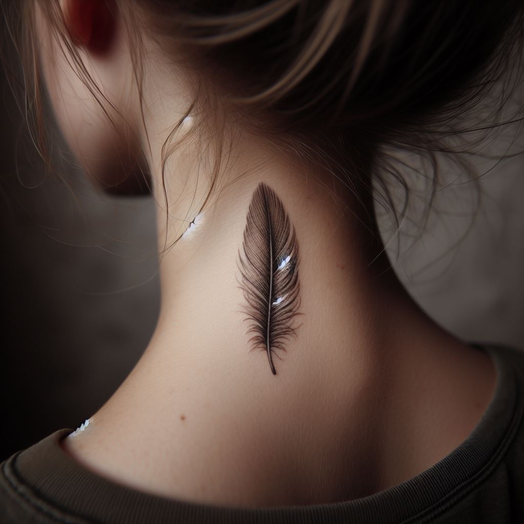 A single, exquisitely detailed feather placed delicately at the nape of the neck. This tiny tattoo, visible only when the hair is up, should convey a sense of lightness and freedom, its fine lines and shading mimicking the softness and intricate patterns of a real feather.