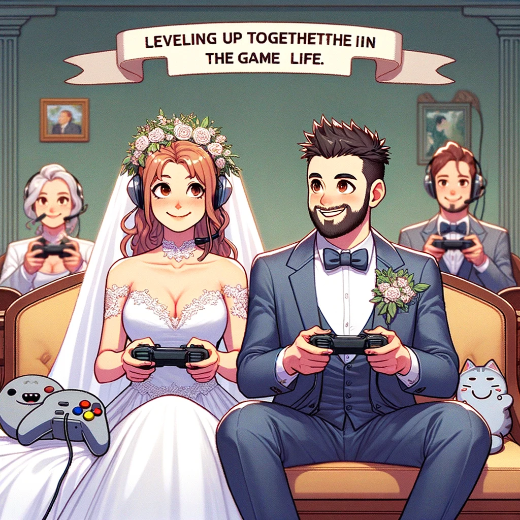 A wedding meme featuring a couple playing video games in wedding attire, captioned "Leveling up together in the game of life."