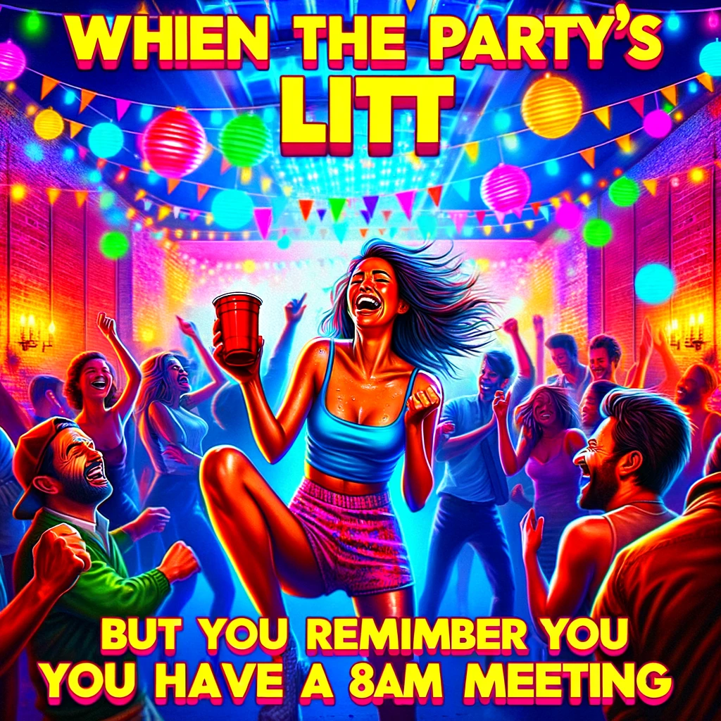 A vibrant and lively party scene with a group of people dancing and having fun, surrounded by colorful decorations and party lights. In the foreground, a person is holding a red solo cup and laughing, with the caption 'When the party's lit but you remember you have an 8am meeting'. The image should capture the essence of a fun night out with friends, full of energy and enjoyment, while also incorporating a humorous contrast between partying and adult responsibilities.
