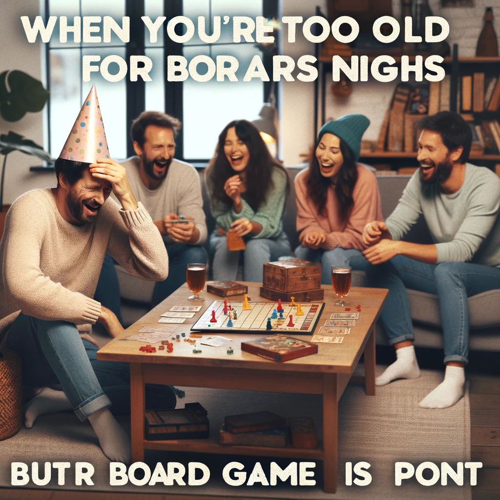 A cozy indoor gathering with friends sitting around a coffee table, playing board games and laughing. One person is wearing a party hat awkwardly while holding a game piece, with the caption 'When you're too old for clubs but your board game night is on point'. This image should evoke the warmth and camaraderie of close friends enjoying a low-key evening together, juxtaposing the idea of aging gracefully with the joy of simple pleasures.