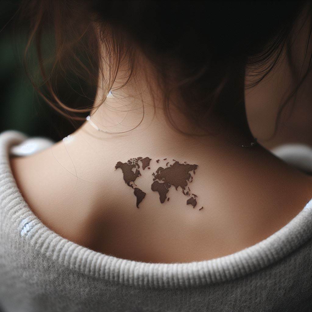 A tiny, minimalist world map located on the upper back, just below the neck. Each continent should be accurately outlined, though simplified, symbolizing a love for travel, adventure, and the interconnectedness of our world. Its placement allows for a global reminder that's both personal and discreet.