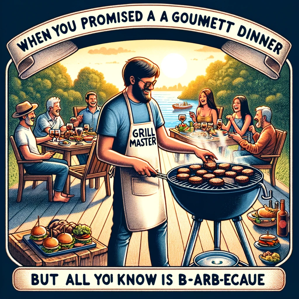 An outdoor barbecue party on a sunny day, with people gathered around a grill. One person is flipping burgers and wearing an apron that says 'Grill Master', with the caption 'When you promised a gourmet dinner but all you know is barbecue'. The scene should be filled with laughter and good food, capturing the essence of a casual, yet delightful gathering among friends or family, highlighting the humor in trying to impress with limited culinary skills.