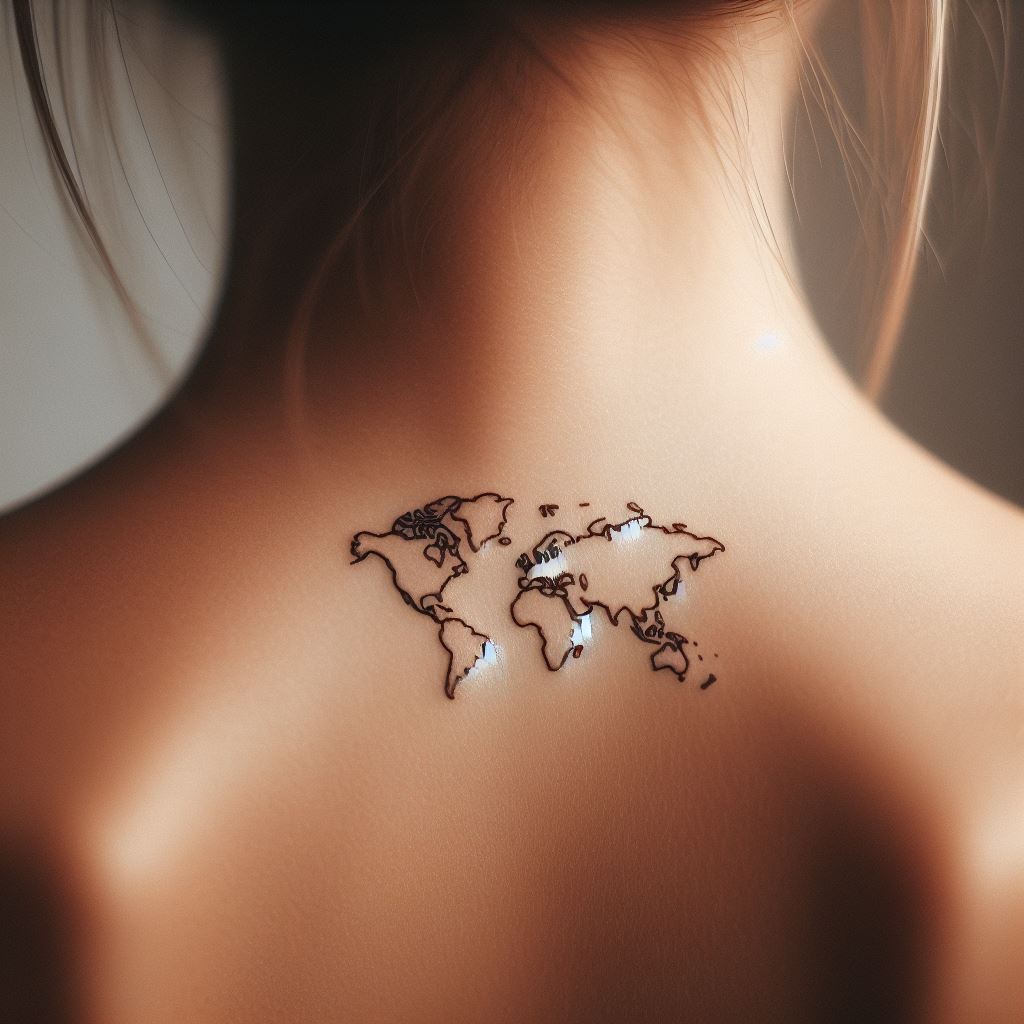 A tiny, minimalist world map located on the upper back, just below the neck. Each continent should be accurately outlined, though simplified, symbolizing a love for travel, adventure, and the interconnectedness of our world. Its placement allows for a global reminder that's both personal and discreet.