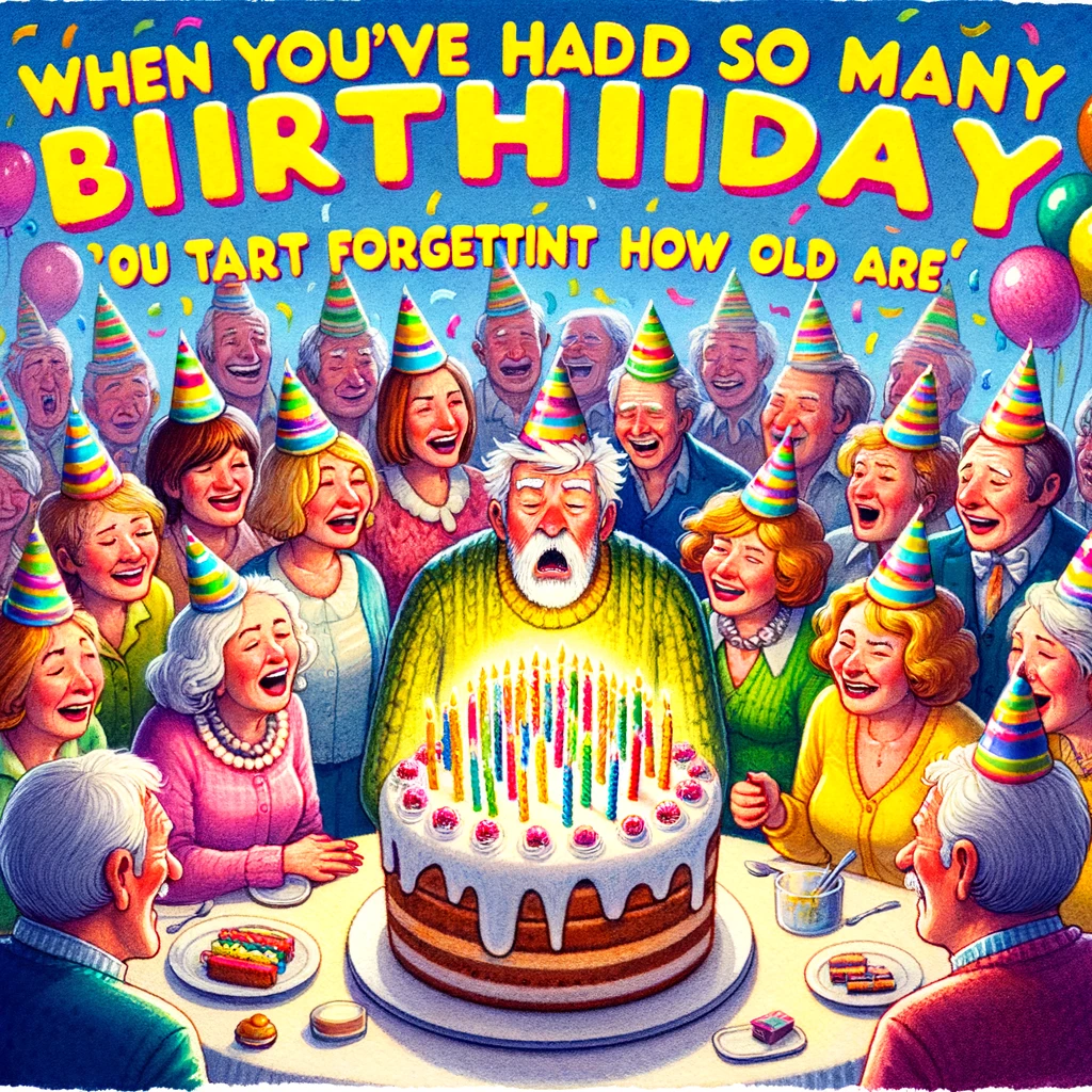 A festive birthday party scene with a large group of people gathered around a cake. The birthday person is about to blow out the candles, but looks confused, with the caption 'When you've had so many birthdays you start forgetting how old you are'. This image should be colorful and joyful, capturing the excitement of celebrating another year of life, while humorously acknowledging the passage of time and the forgetfulness that sometimes comes with age.