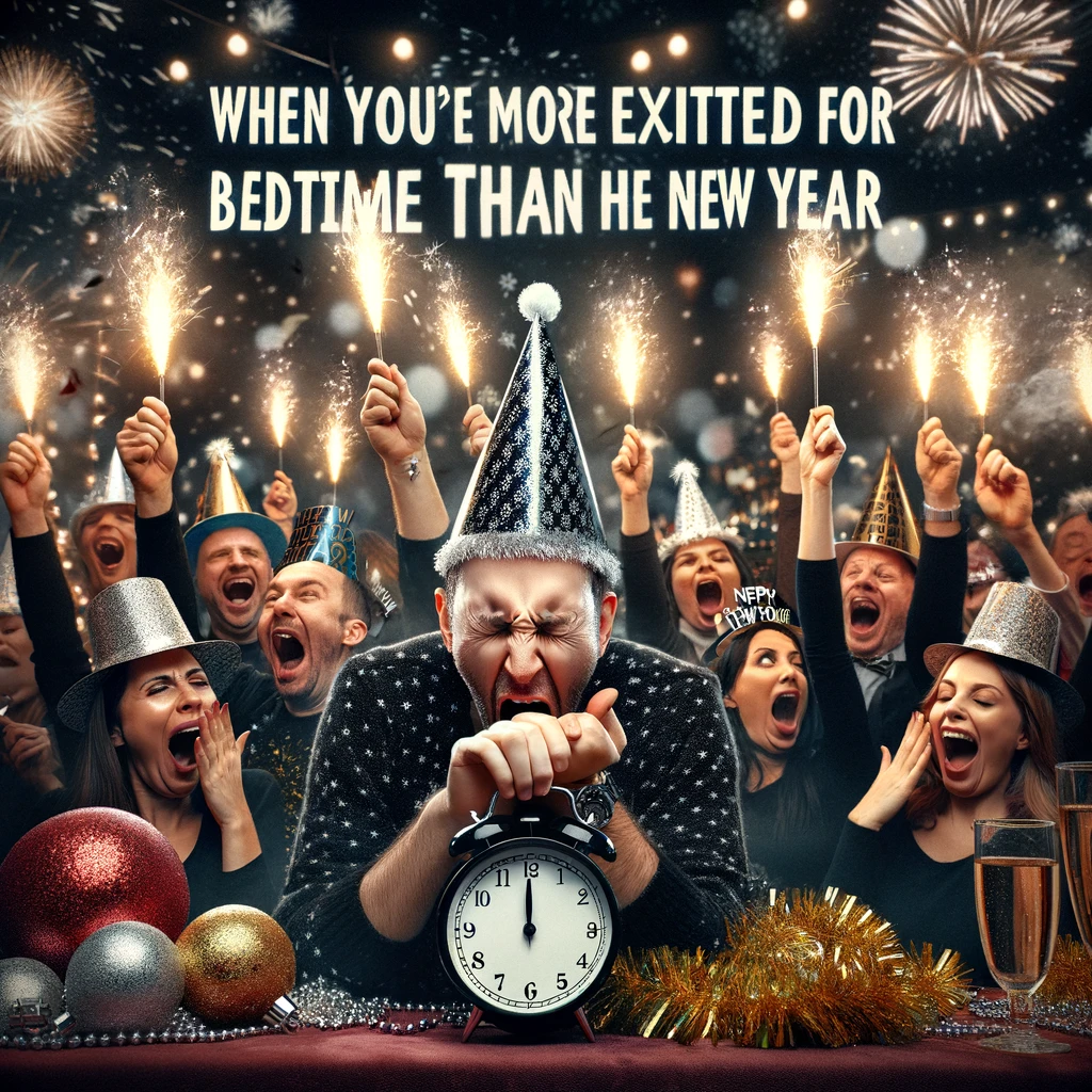 A New Year's Eve party with a crowd of people wearing party hats and holding sparklers, eagerly counting down to midnight. In the center, one person is yawning and checking their watch, with the caption 'When you're more excited for bedtime than the New Year'. This image should capture the festive atmosphere of New Year's celebrations, complete with fireworks and decorations, while humorously contrasting the enthusiasm for the event with the desire to just go to sleep.