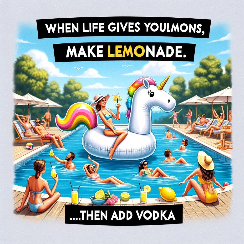 A summer pool party scene with people enjoying the sun, swimming, and lounging by the poolside. One person is floating in the pool on a giant inflatable unicorn, holding a cocktail, with the caption 'When life gives you lemons, make lemonade... then add vodka'. This image should exude a sense of relaxation and fun in the sun, highlighting the enjoyment of summer days while incorporating a playful nod to making the best out of any situation.