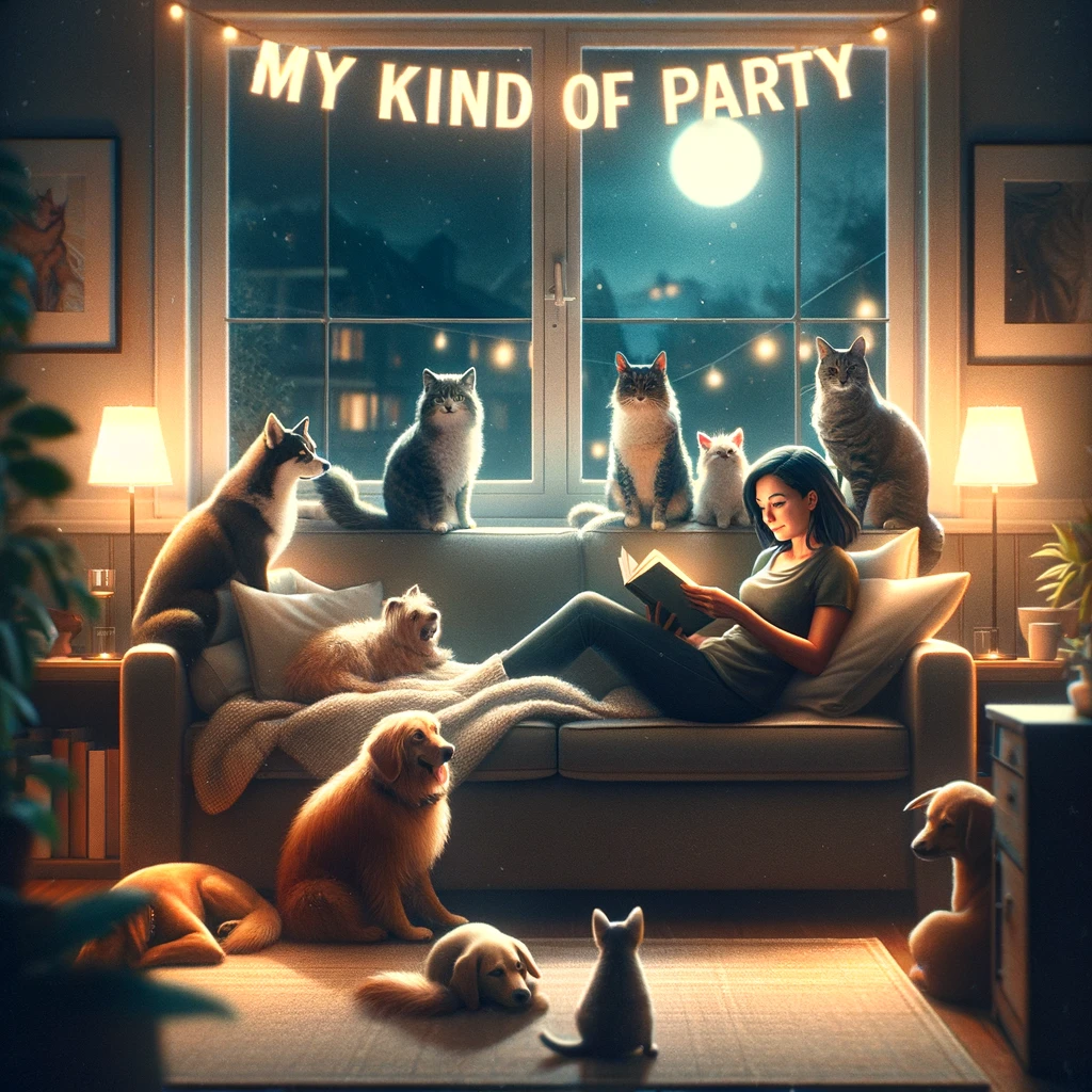 A quiet evening at home, with a person sitting on a couch surrounded by pets, reading a book. The room is cozy, with soft lighting and a warm ambiance. The caption reads 'My kind of party', humorously contrasting the lively party scenes with the tranquil joy of a peaceful night in. This image should convey a sense of contentment and the simple pleasures of solitude, highlighting an alternative way to enjoy one's company.