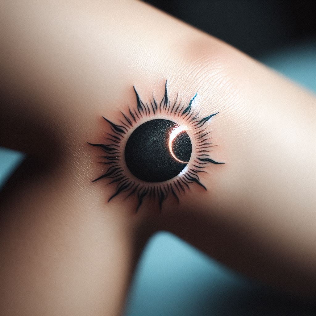 A tiny, detailed solar eclipse tattoo, positioned within the crook of the elbow. The design should capture the moment of totality, with the moon perfectly aligned in front of the sun, symbolizing renewal, mystery, and the cyclical nature of life. This unique placement allows the tattoo to be concealed or revealed naturally with movement.